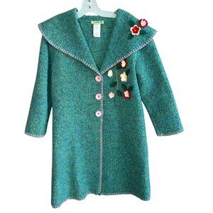 Little Mass Girls Green Floral Felt Applique Tweed Coat Size 6
